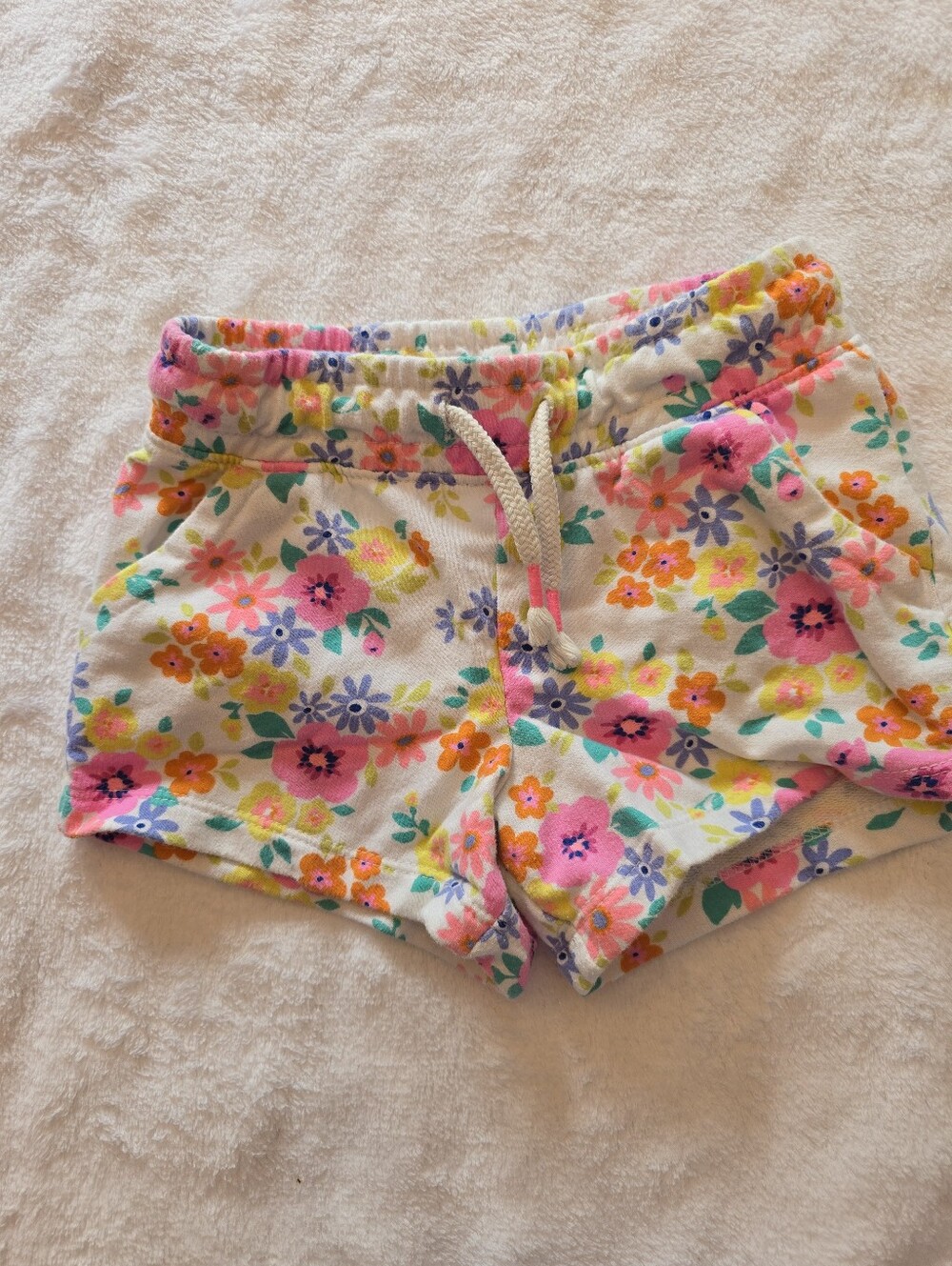 Girls' Floral Drawstring Shorts - White with Multicolor Flowers